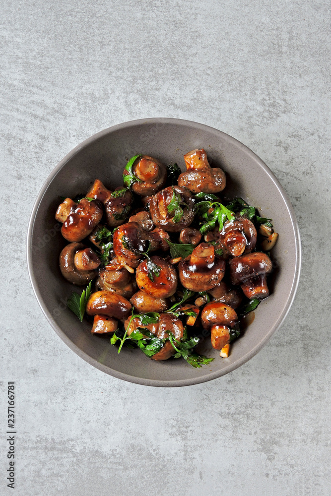 Glazed mushrooms in soy sauce. Vegan snack. Healthy food Glazed mushrooms in soy sauce. Vegan snack. Healthy food