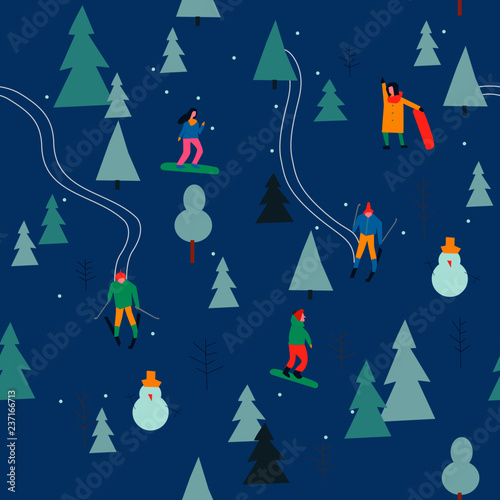 Skiing seamless pattern with people skiing and snowboarding in the snow forest in vector. Winter season background people vector illustration flat design