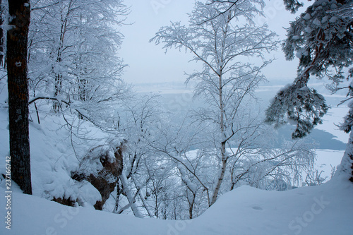 The view on the Volga river and Zhiguli hills near Zhigulevsk city in winter. photo