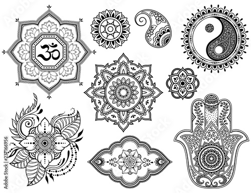 Big set of Mehndi flower pattern, lotus, mandala, mantra OM, Yin-yang symbol and Hamsa for Henna drawing and tattoo. Decoration in ethnic oriental, Indian style.