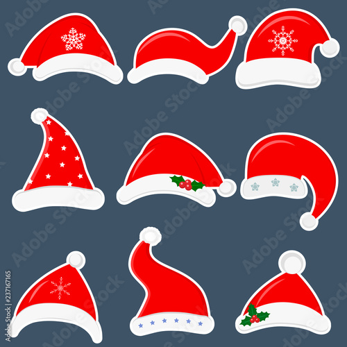 Happy New Year and Merry Christmas. Set of nine different santa hats stickers with various accessories isolated on dark background. Flat style, vector