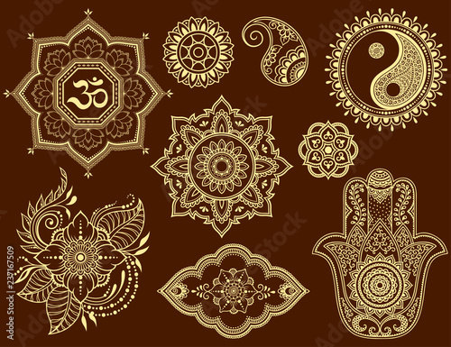 Big set of Mehndi flower pattern  lotus  mandala  mantra OM  Yin-yang symbol and Hamsa for Henna drawing and tattoo. Decoration in ethnic oriental  Indian style.