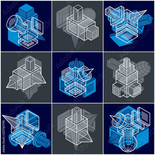 Different engineering constructions collection, abstract vectors set.