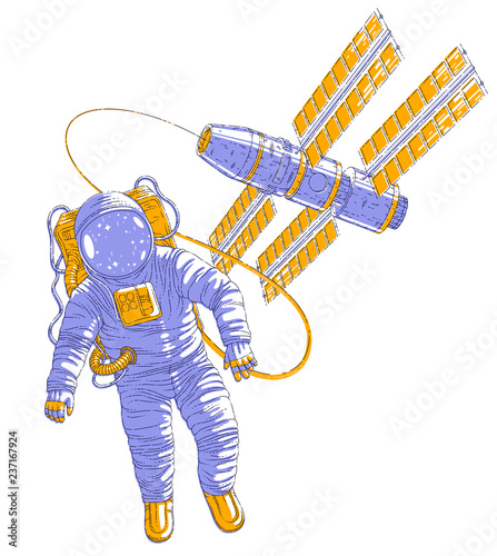Astronaut went out into open space connected to space station, spaceman floating in weightlessness and iss spacecraft with solar panels behind him. Vector illustration isolated over white.