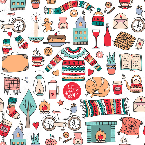 Hand drawn seamless pattern with hygge elements