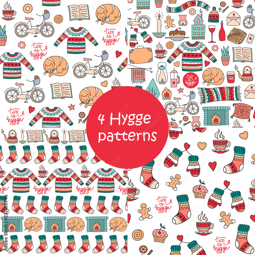 Hand drawn seamless patterns with hygge elements