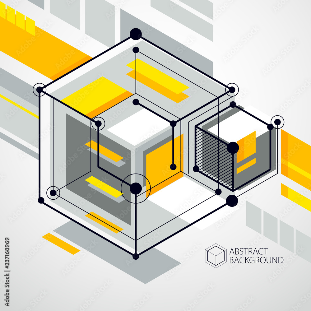 Abstract vector geometric isometric yellow background. Mechanical scheme, vector engineering drawing with cube and geometric mechanism parts. Abstract vector geometric isometric yellow background. Mechanical scheme, vector engineering drawing with cube and geometric mechanism parts.