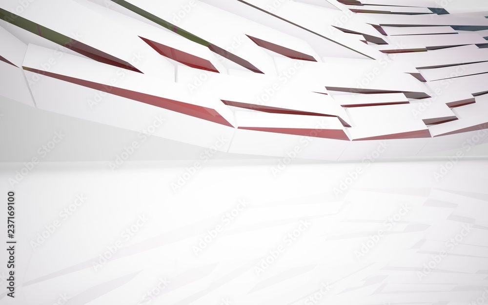 abstract architectural interior with gradient geometric glass sculpture with white lines. 3D illustration and rendering