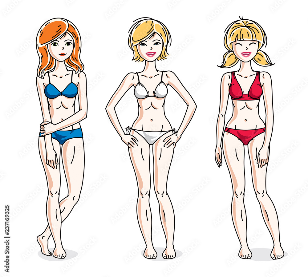 Happy cute young women standing wearing colorful bikini. Vector set of beautiful people illustrations. Slim female with perfect body. Happy cute young women standing wearing colorful bikini. Vector set of beautiful people illustrations. Slim female with perfect body.