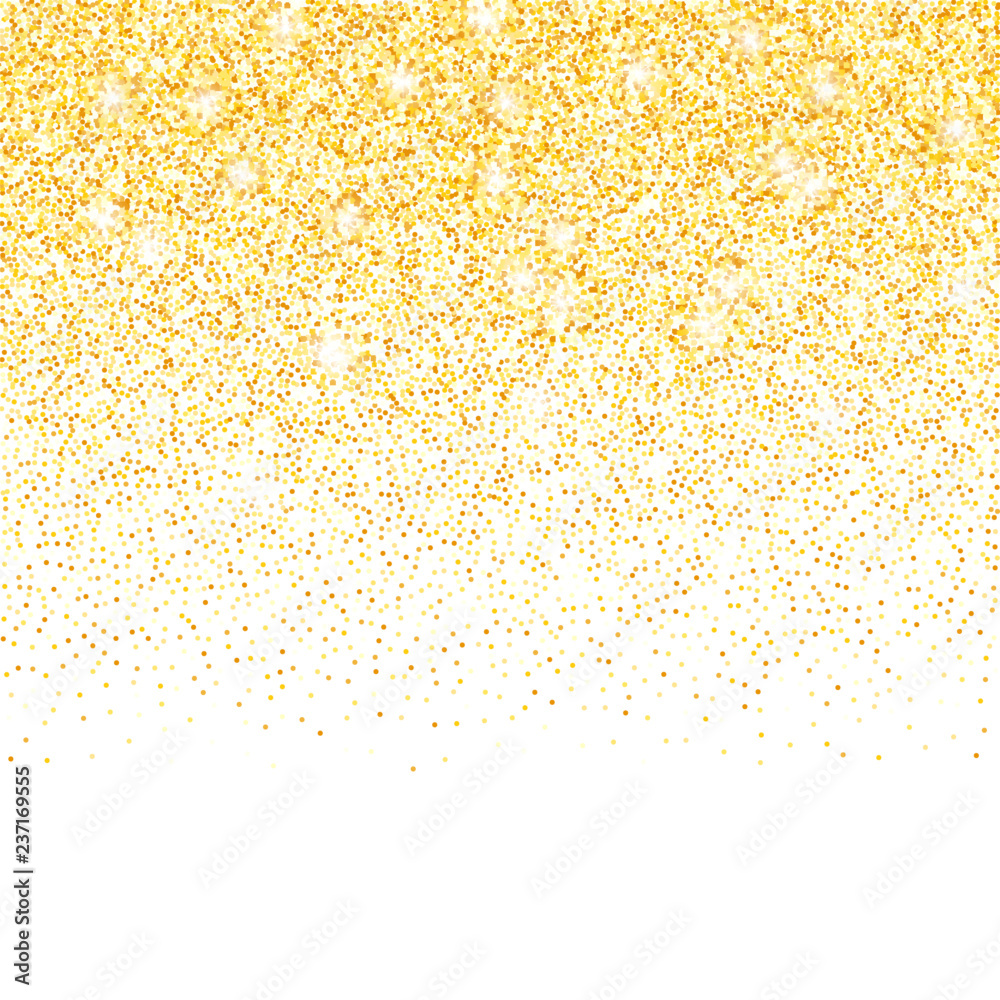 Vector gold glitter confetti dots rain. Golden sparkling glittering border isolated on white background. Party tinsels shimmer, holiday background design, festive frame