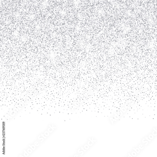 Vector falling silver glitter confetti dots rain. Sparkling glittering border isolated on white background. Party tinsels shimmer, holiday background design, festive frame