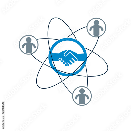 Successful Business creative logo, handshake agreement sign, vector conceptual symbol isolated on white background. Special and unique sign.