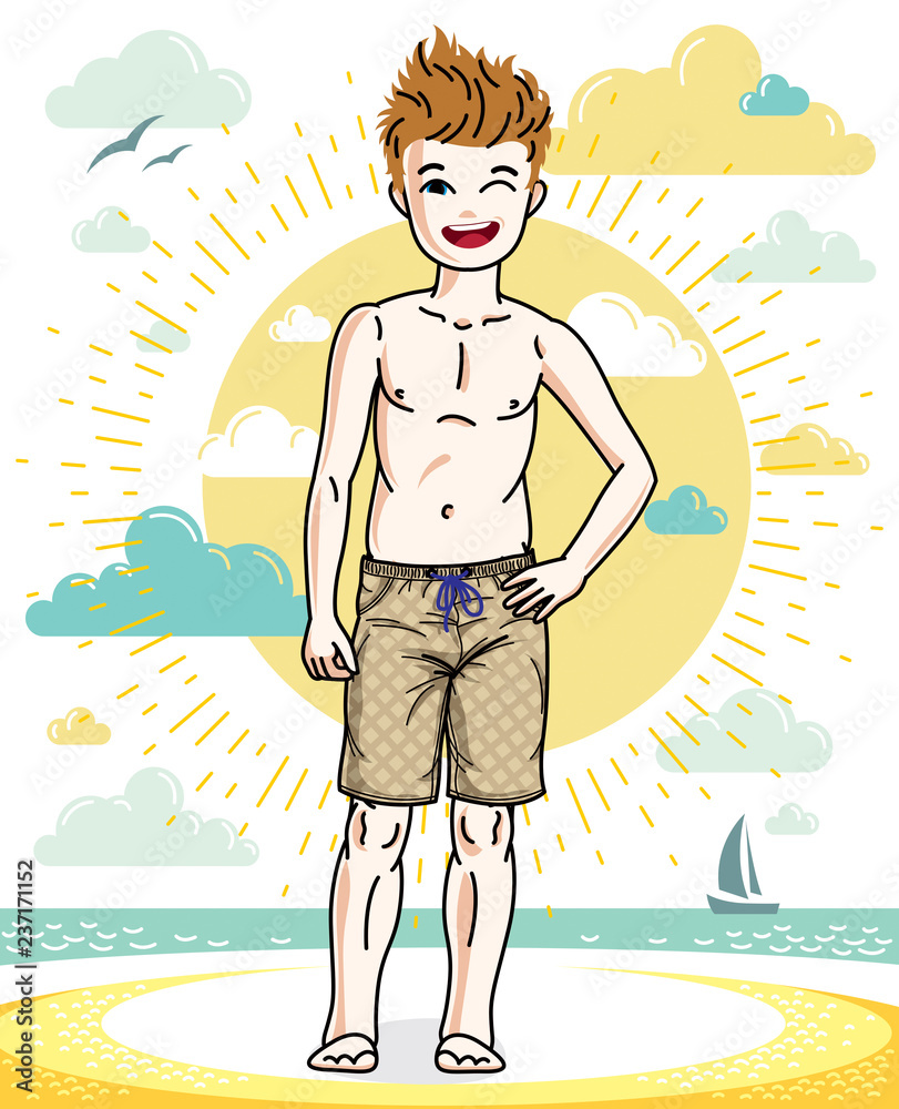 Cute little boy child standing wearing fashionable beach shorts. Vector human illustration. Childhood lifestyle cartoon.