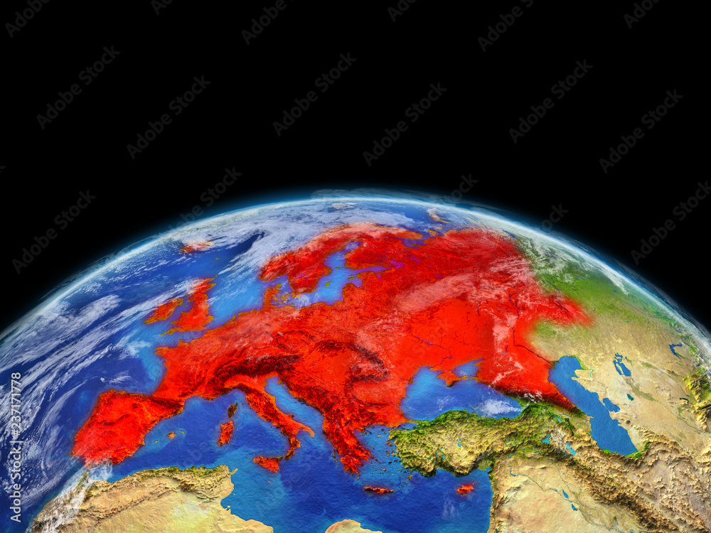Europe on planet planet Earth. Extremely detailed planet surface and clouds. Continent highlighted in red.