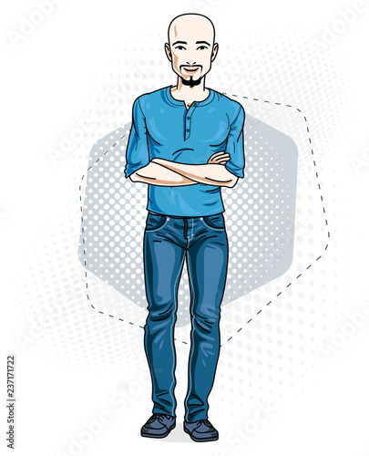 Handsome hairless young man poses on modern background. Vector illustration of male with beard and mustaches. Lifestyle theme clipart.