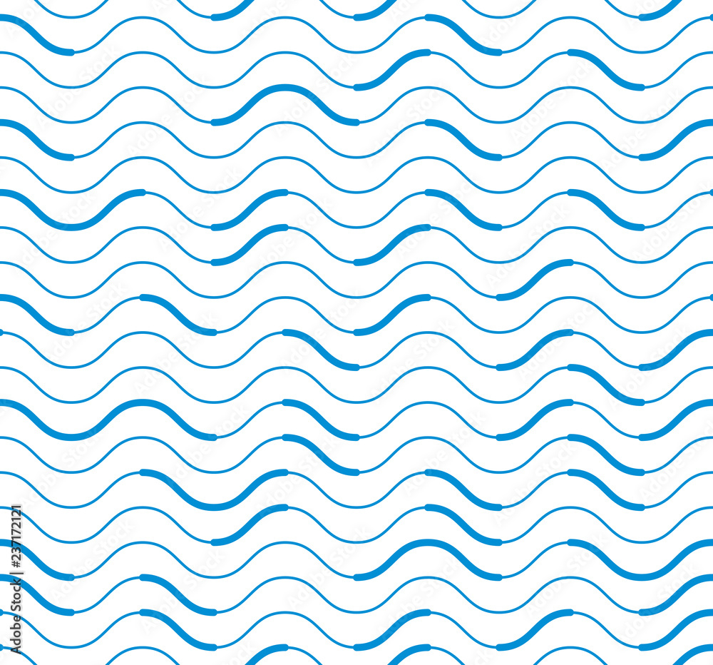 Wavy technical lines seamless pattern, vector abstract repeat endless background, blue colored rhythmic waves.