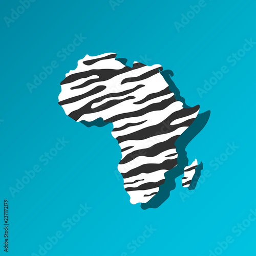 Vector illustration card with silhouette of continent Africa with black and white animal zebra print. Blue background