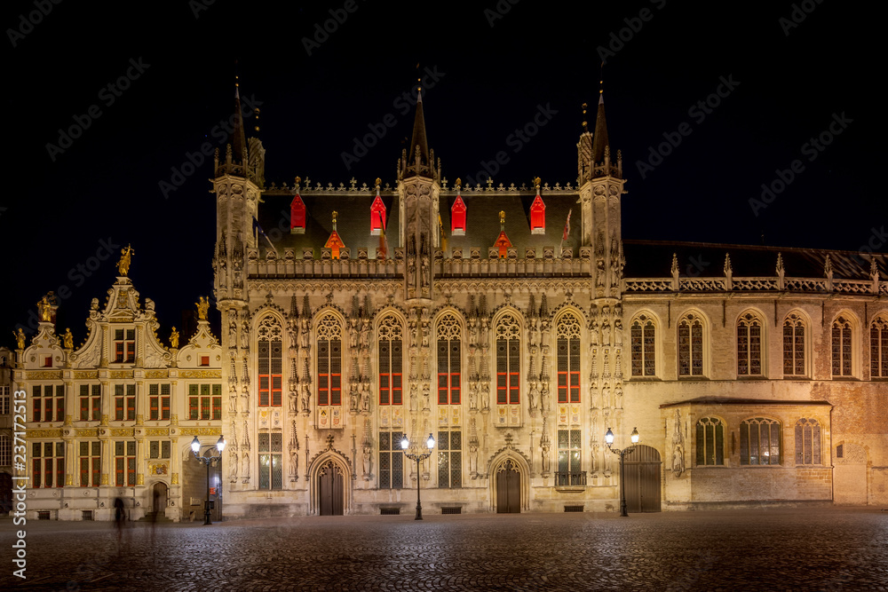 Bruges City Hall (Stadhuis van Brugge) at night, Brugge, Belgium, Europe