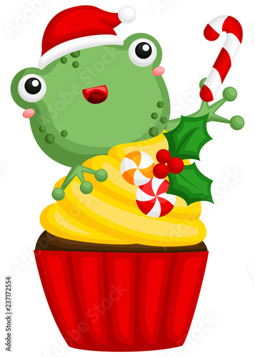 A vector of cute little frog behind a sweet christmas cupcake
