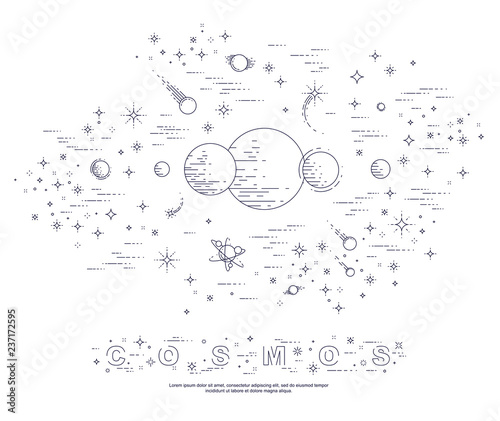 Fantastic undiscovered galaxy with unknown planets, science fiction, with stars and other elements. Explore universe, breathtaking space science. Thin line 3d vector illustration.