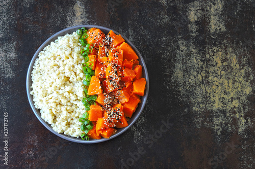 Buddha bowl with pumpkin and bulgur. Colorful, healthy foods