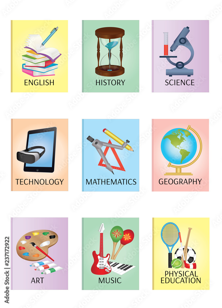 Education subject books - English, History, Science, Technology