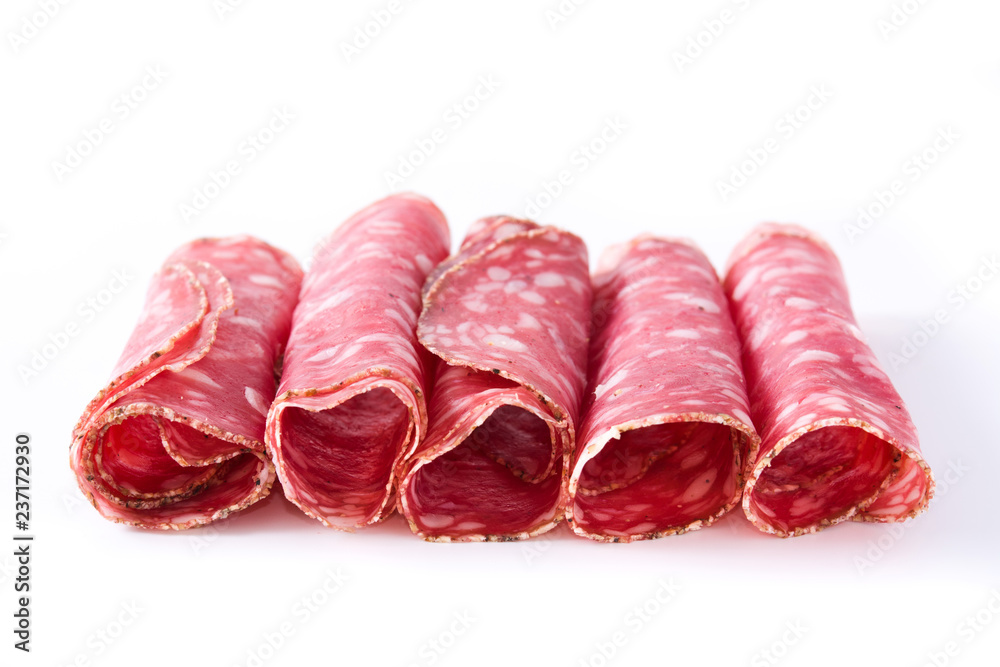 fresh salami sausage slices isolated on white background fresh salami sausage slices isolated on white background