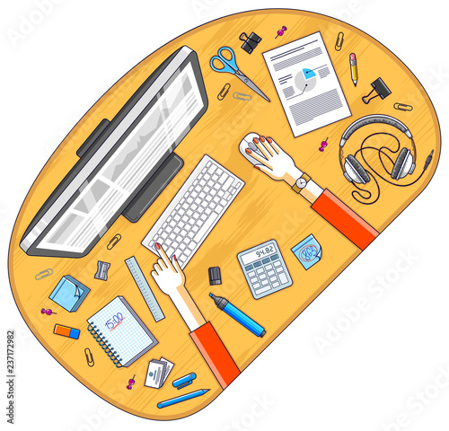 Office desk workspace top view with hands of office employee or entrepreneur, PC computer and diverse stationery objects for work. All elements are easy to use separately. Vector illustration.