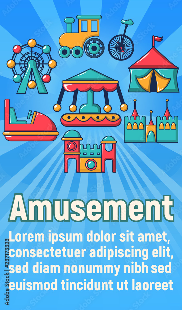 Amusement concept banner. Cartoon banner of amusement vector concept for web, giftcard and postcard