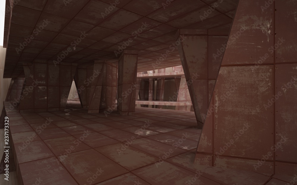 Empty smooth abstract room interior of sheets rusted metal and wood. Architectural background. 3D illustration and rendering Empty smooth abstract room interior of sheets rusted metal and wood. Architectural background. 3D illustration and rendering