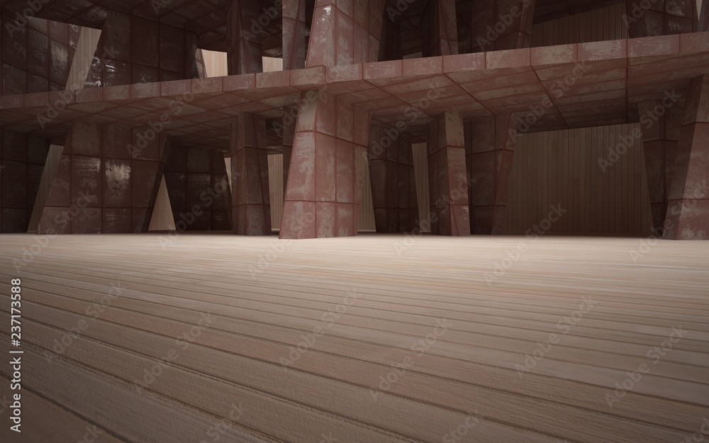 Empty smooth abstract room interior of sheets rusted metal and wood. Architectural background. 3D illustration and rendering Empty smooth abstract room interior of sheets rusted metal and wood. Architectural background. 3D illustration and rendering