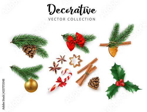 Set of decorative 3d elements isolated on white for Christmas and New Year design.