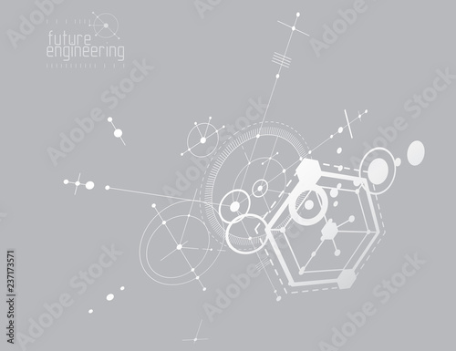 Mechanical scheme, vector engineering drawing with circles and geometric parts of mechanism. Technical plan can be used in web design and as wallpaper or background.