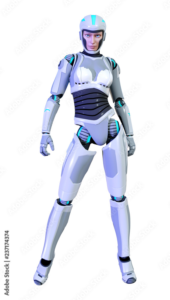 3D Rendering Female Robot on White