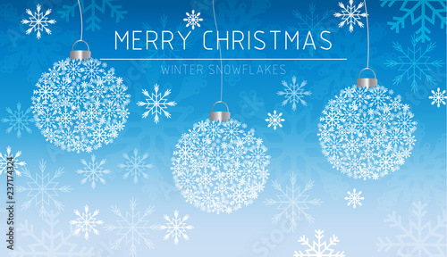 Merry Christmas banner snowflakes decorations card in winter frost Vector. Magic Blue beautiful holiday cards. Snowing blurry backgrounds