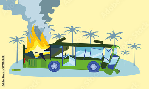 Destroyed bus in fire concept banner. Flat illustration of destroyed bus in fire vector concept banner for web design
