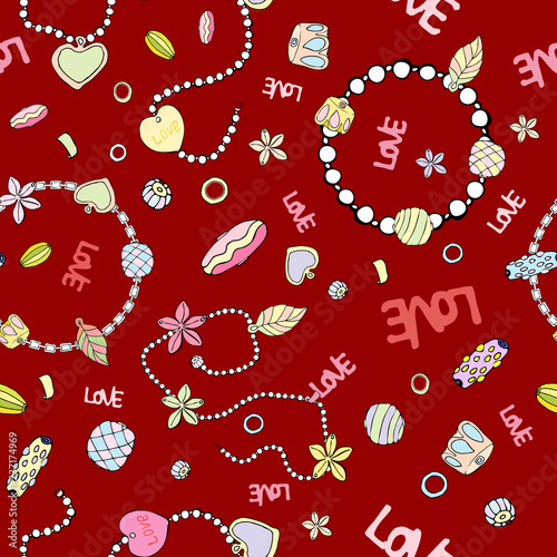 Pattern of fashionable chains and beads for women on a bright red background.