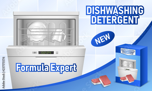 Dishwasher concept background. Realistic illustration of dishwasher vector concept background for web design