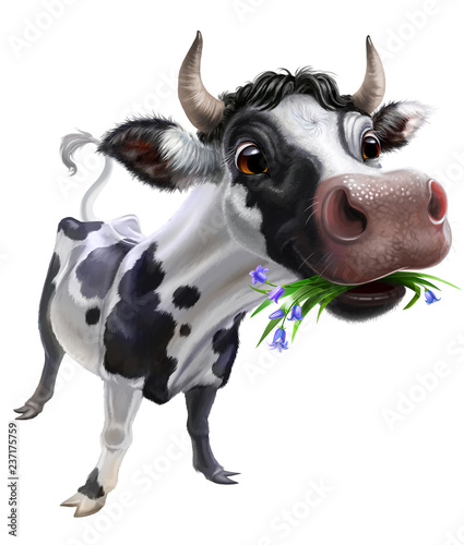 black cow with white spots isolated on white, fisheye effect
