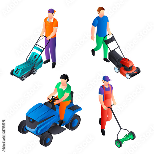 Lawnmower icon set. Isometric set of lawnmower vector icons for web design isolated on white background
