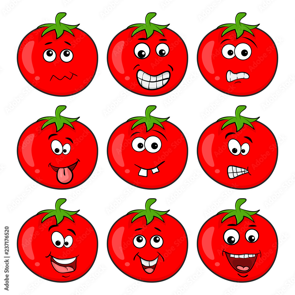 Funny tomato character set cartoon design isolated on white background Funny tomato character set cartoon design isolated on white background