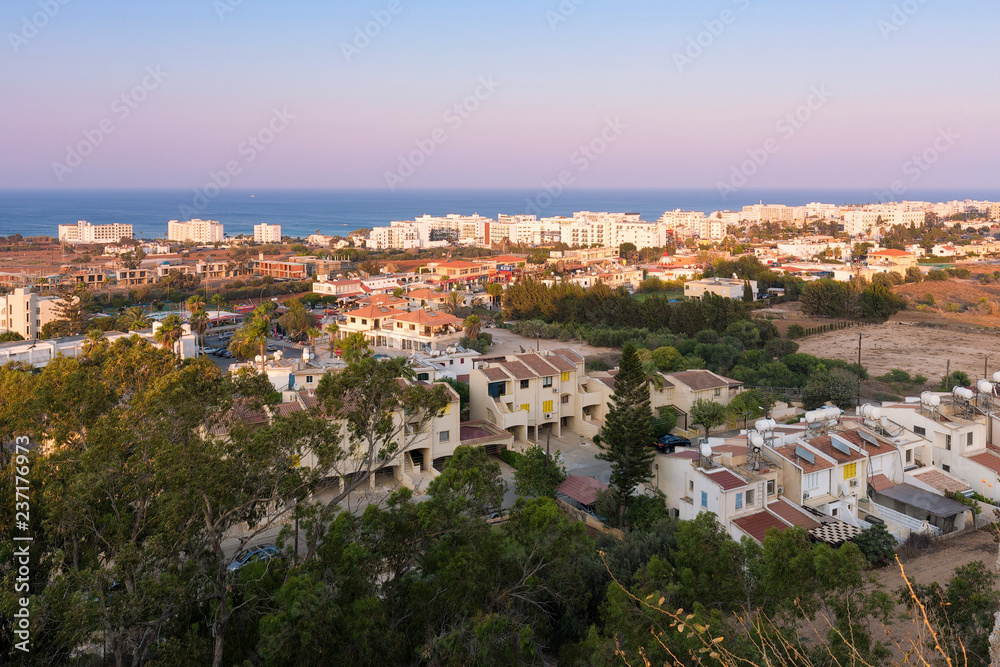 Neighborhood of the village of Protaras, Cyprus, Europe. Mediterranean coast. Summer, Sunny evening. August 19, 2018.