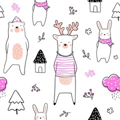 Fototapete Rehkitz-Muster Bär Reh Hase Skizzenhaftes Kindermuster  © anchalee