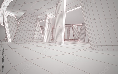 Abstract white interior highlights future. Polygon red drawing. Architectural background. 3D illustration and rendering