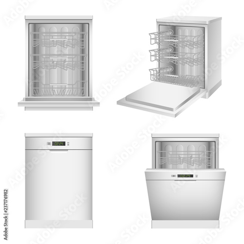 Dishwasher machine icon set. Realistic set of dishwasher machine vector icons for web design