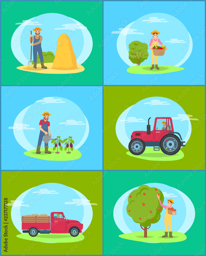 Farming Man and Woman Set Vector Illustration