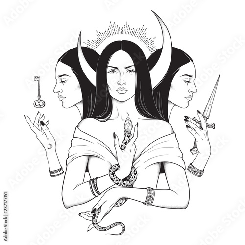 Triple lunar Goddess Hecate ancient Greek mythology hand drawn black and white isolated vector illustration. Blackwork, flash tattoo or print design. photo