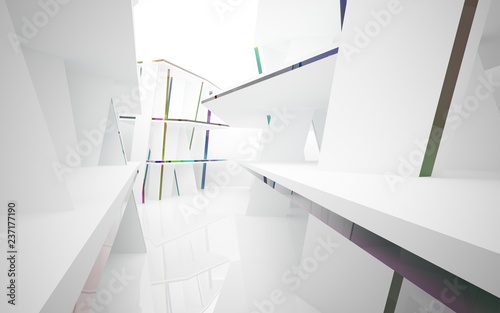 abstract architectural interior with white sculpture and geometric glass lines. 3D illustration and rendering