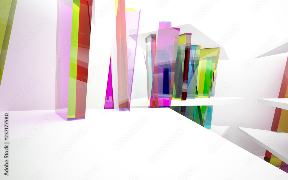 Obraz premium abstract architectural interior with geometric glass sculpture and white lines. 3D illustration and rendering