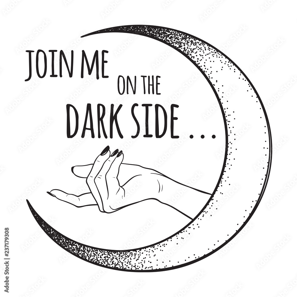 Female hand beckons to the dark side of the Moon isolated vector  illustration. Black work, dot work, line art, flash tattoo, poster or print  design Stock Vector | Adobe Stock